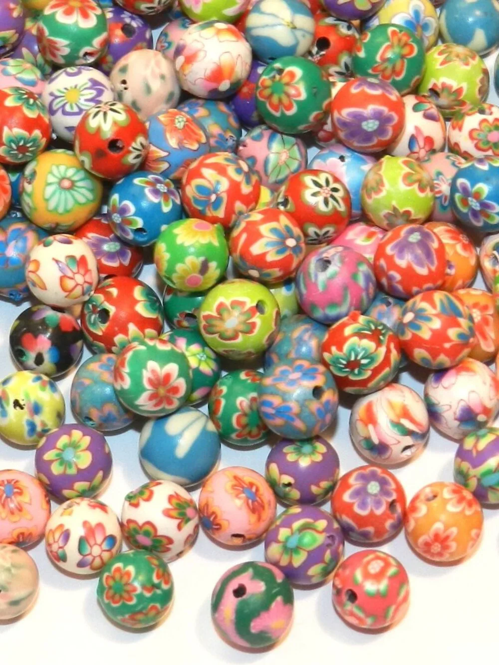 CPC192 Brightly Colored Fun Flower Patterned Polymer Clay 8mm Round Beads 24pc